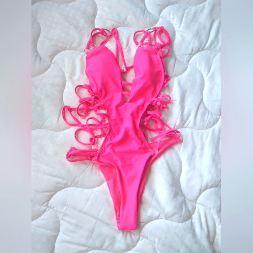 Neon hot pink strappy one piece low cut swim